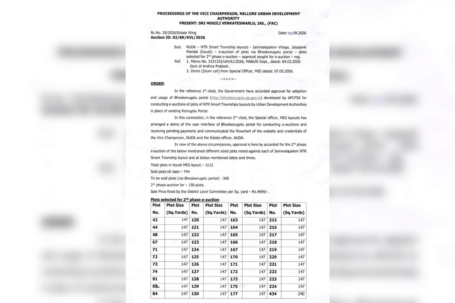 NUDA NTR Smart Township Phase-II 2026: 150 residential plots at ₹4,999/sq yd, e-auction on 5 October
