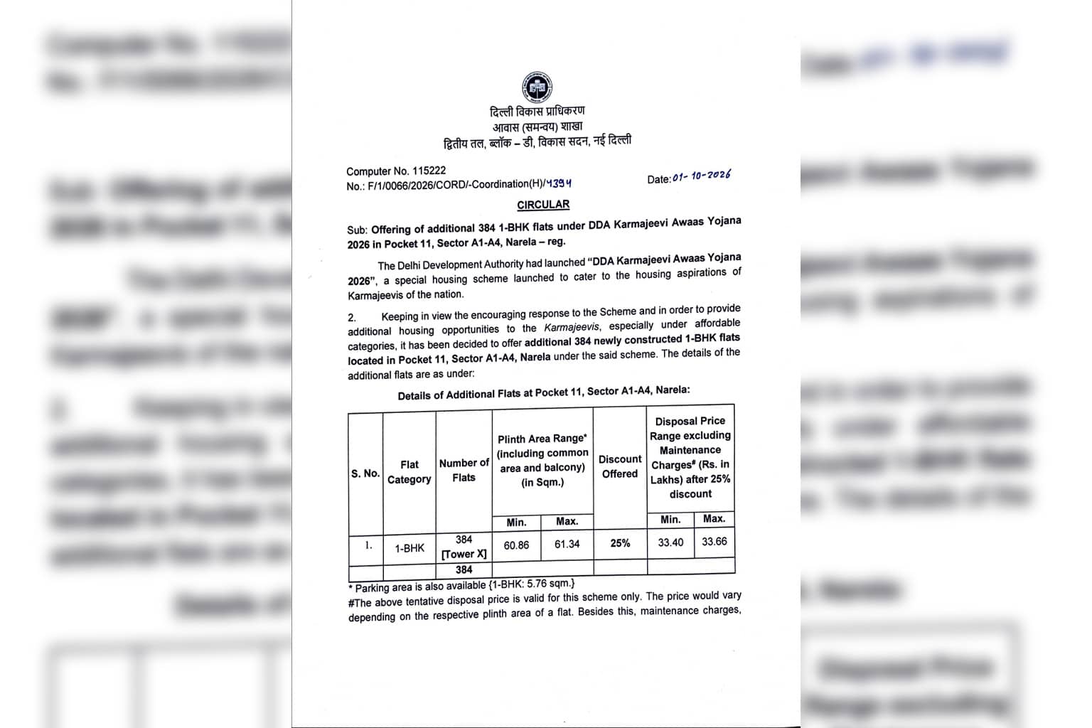 DDA Karmajeevi Awaas Yojana 2026: 384 more 1 BHK flats added in Narela, prices from ₹33.40 lakh