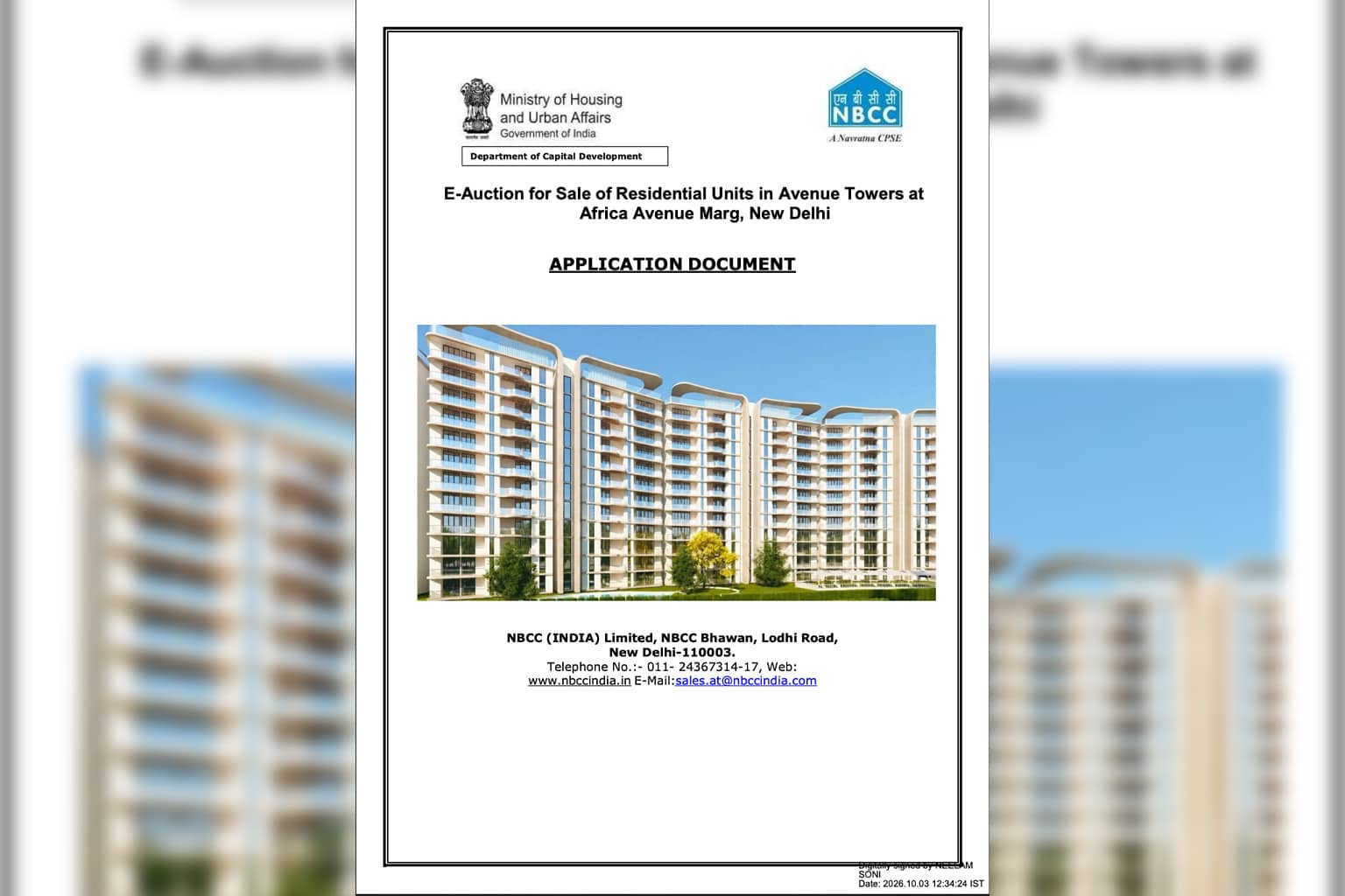 NBCC Avenue Towers e-auction 2026: 262 Luxury flats in Delhi from ₹15.75 crore – Prices, carpet area, EMD & last date